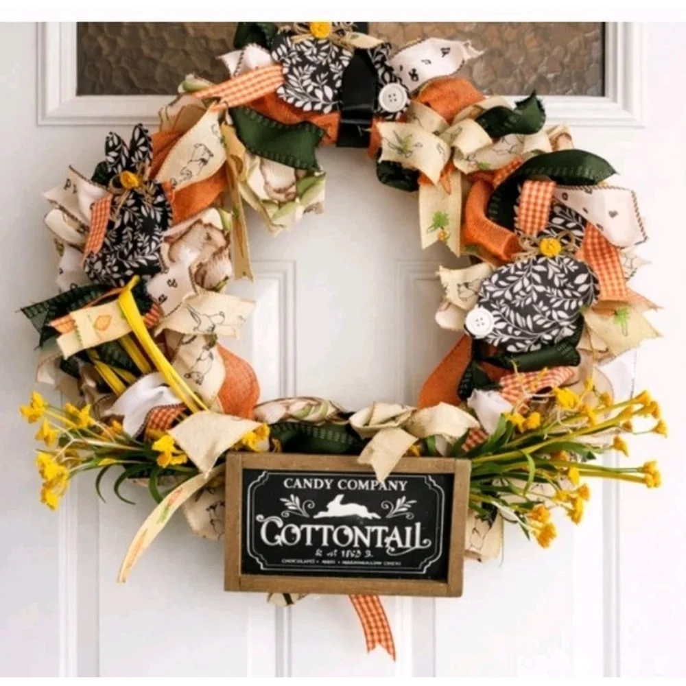 Easter Bunny Wreath Farmhouse Spring Door Decor Cottontail Ribbon Floral Rustic